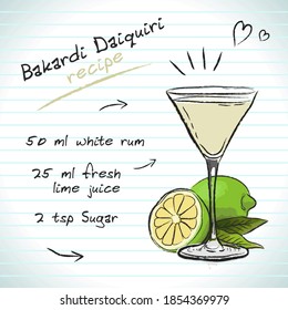 Bacardi Daiquiri Cocktail, Vector Sketch Hand Drawn Illustration, Fresh Summer Alcoholic Drink With Recipe And Fruits	
