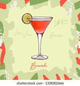Baccardi Unforgetable Classics light rum, pomegranate syrup and lime juice bar alcoholic drink. Vector hand drawn menu design image collection. Sketch isolated illustration of cocktail.