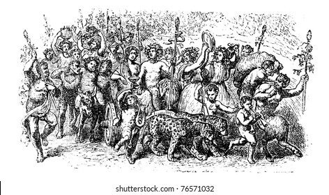 Bacchanalia, a wild and mystic festivals of the Greco-Roman god Bacchus vintage engraving. Old engraved illustration of the people taking part in the Bacchanalia festival. Trousset encyclopedia