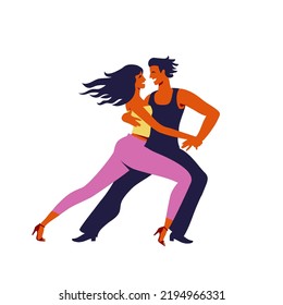 Bachata dance. Dancing couple. Vector illustration of professional ballroom dancers for poster, banner. International Latin: Cha cha, Samba, Rumba, Paso Doble. American Rhythm: Salsa, Mambo,  Swing.