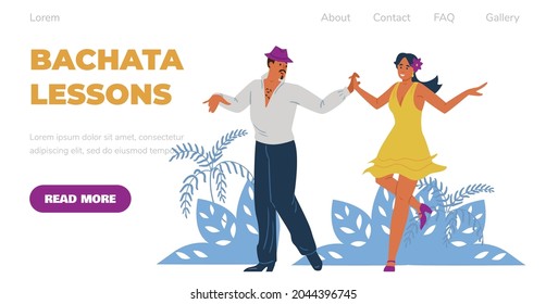 Bachata dance lessons and classes advertising website banner layout with attractive dancers dancing bachata, flat vector illustration. Landing page header design.