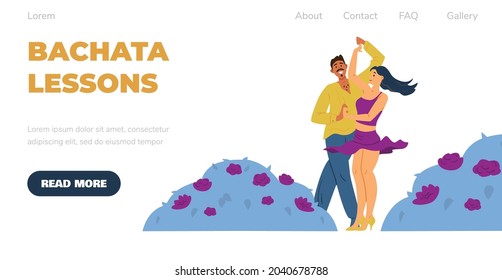 Bachata Dance Lessons Invitation Website Template, Flat Vector Illustration. Bachata Dance Club Landing Page Or Web Banner With Beautiful Dancing Couple.