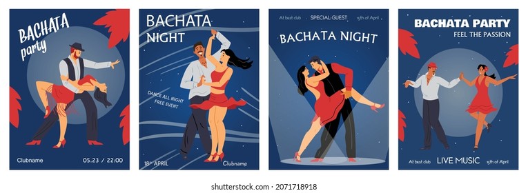 Fiesta de baile de Bachata y pancartas o afiches de evento nocturno, ilustración vectorial plana. Cartas con atractivos hombres y mujeres bailando bachata apasionadamente.