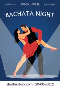 Bachata night dancing party poster or invitation card template, flat vector illustration. Bachata dance and music evening poster or banner with dancers characters.