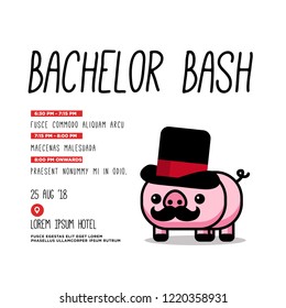 Bachelor Bash Invitation with Cute Capitalist Pig with Moustache and Hat Illustration