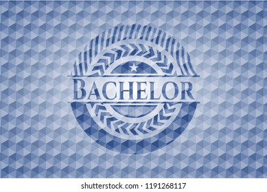 Bachelor blue emblem or badge with abstract geometric polygonal pattern background.