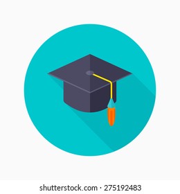 Bachelor cap flat icon with long shadow on blue circle background , educational concepts , vector illustration 