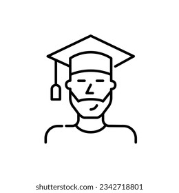 Bachelor graduate student. Smiling young man with beard wearing mortar board. Pixel perfect icon