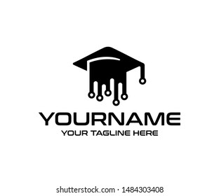 Bachelor hat with circuit, technology and high tech, logo design. Education, study and knowledge, vector design and illustration