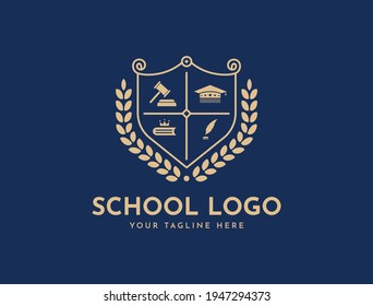 Bachelor hat, leaf, book, or crown icons. Vector golden wreath Logo Template. Beautiful badge design for high school education graduates in maritime science, law, study, university, or business.