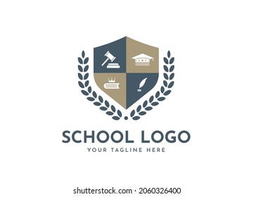 Bachelor Hat, Leaf, Book, Or Crown Icons. Vector Golden Wreath Logo Template. Beautiful Badge Design For High School Education Graduates In Maritime Science, Law, Study, University, Or Business.