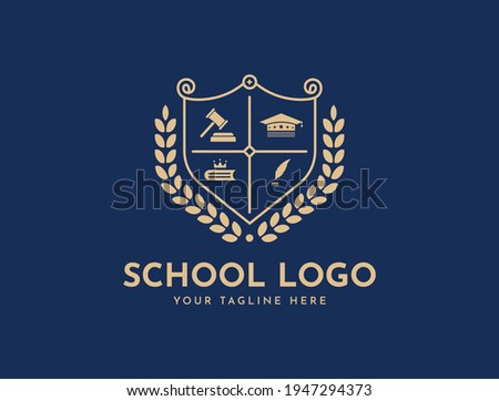 Bachelor hat, leaf, book, or crown icons. Vector golden wreath Logo Template. Beautiful badge design for high school education graduates in maritime science, law, study, university, or business.