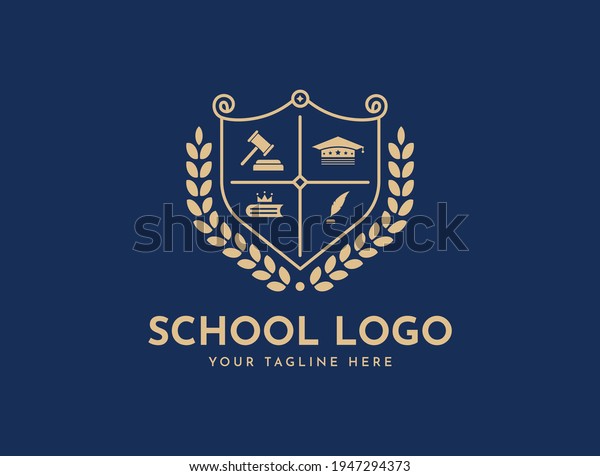 Bachelor hat, leaf, book, or crown icons.\
Vector golden wreath Logo Template. Beautiful badge design for high\
school education graduates in maritime science, law, study,\
university, or\
business.