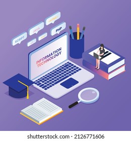 Bachelor of Information Technology isometric 3d vector concept for banner, website, illustration, landing page, flyer, etc.