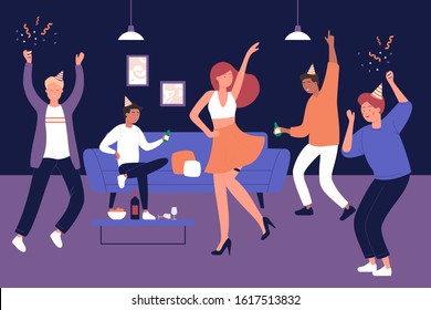 Bachelor Man Party At Home Vector Illustration. Discotheque, Soiree, Holiday Celebration, Evening With Friends. Strip Show. Male Party Visitors With Wine Glasses, Female Stripper Flat Characters