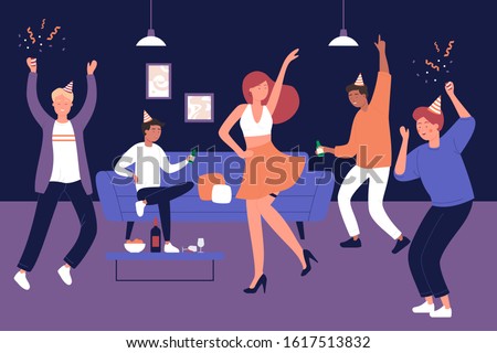 Bachelor man party at home vector illustration. Discotheque, soiree, holiday celebration, evening with friends. Strip show. Male party visitors with wine glasses, female stripper flat characters