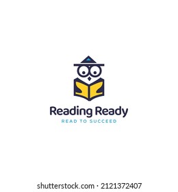 Bachelor owl holding an open book and reading. Logo design for books festival, education, culture festival day, library, or other reading or literature event. Trendy flat vector illustration.