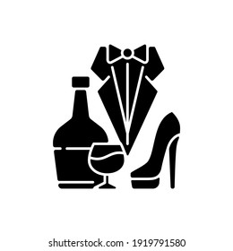 Bachelor party black glyph icon. Drinks for event. Club for man. Special occasion. Stag party for groom. Husband celebrate wedding. Silhouette symbol on white space. Vector isolated illustration