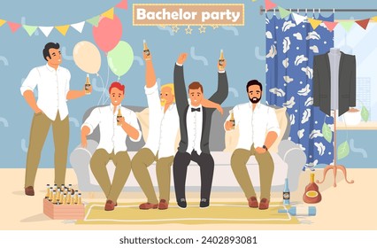 Bachelor party concept. Happy male friends and groom drinking alcoholic beverages, making merry and having good time at home together before marriage day vector illustration