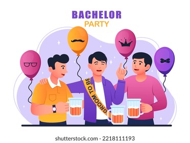 Bachelor party concept. Men in ribbons with alcoholic drinks and balloons. Poster or banner for website. Event and entertainment, holiday and festival metaphor. Cartoon flat vector illustration