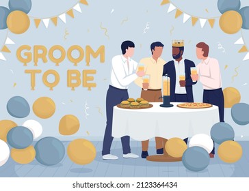 Bachelor party flat color vector illustration. Groom to be. Groomsmen greeting fiance, raising toast. 2D simple cartoon happy men celebrating with decorated room on background. 