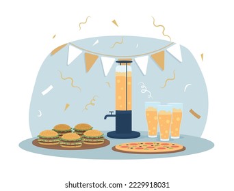 Bachelor party food 2D vector isolated illustration. Beer with pizza, hamburgers flat composition on cartoon background. Stag party. Colourful editable scene for mobile, website, presentation