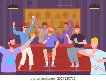 Bachelor party. Guys friends having fun in night bar, young man group dancing and drink alcogol beverages, men celebrate birthday festive rest friendship time vector illustration original artwork