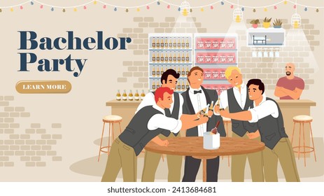 Bachelor party landing page design template with happy male friends characters celebrating future wedding resting in bar pub together drinking beer vector illustration