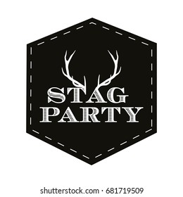 Bachelor party postcard, banner or poster graphic design vector element. Stag party decoration element with white antlers on the black background. 