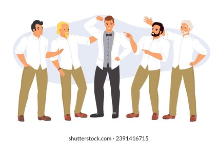 Bachelor party vector illustration with happy groom and friends dancing having fun. Discotheque, soiree, holiday celebration, evening farewell to single life concept