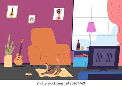 Bachelor room. Young man comfortable interior, cozy chair indoor alone teen guy and pet dog living apartment leisure resting home work, playing guitar tv vector illustration of room apartment cartoon