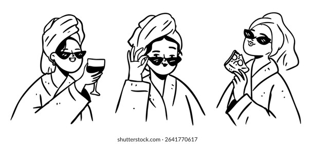 Bachelorette and bridesmaids clipart, girls night party hand drawn outline illustration isolated