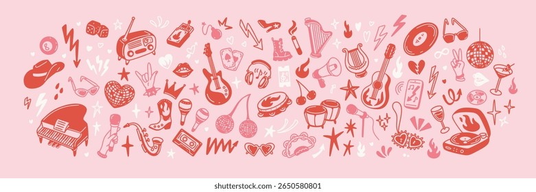 Bachelorette cowgirl party, girly birthday, Valentines day funky pink whimsical coquette background. Guitar, vintage vinyl, piano and other musical instruments. Punk rock concert y2k poster