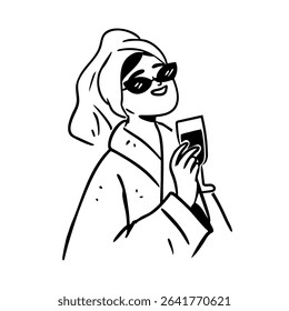 Bachelorette with a drink clipart, girls night party hand drawn outline illustration, woman in spa doodle