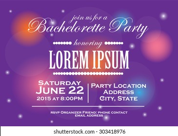 Bachelorette invitation card design with colorful, glamorous background