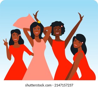 Bachelorette party. African-American girls in red dresses are joyful and celebrating the bride's marriage. Vector illustration