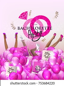 Bachelorette Party Banner With Lady's Legs Protruding From Air Balloons With Gift Boxes. Vector Illustration