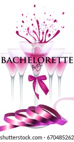 Bachelorette party banner with pink ribbon, ring and glasses with cocktail. Vector illustration