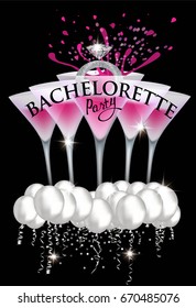 Bachelorette party banner with ring and air balloons and glasses with cocktail. Vector illustration