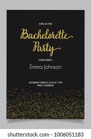Bachelorette party, bridal shower calligraphy invitation card with golden glitter vector element and black background.
