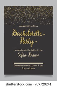 Bachelorette, tarjeta de invitación a la caligrafía de la ducha nupcial con elemento vector de brillo dorado y fondo oscuro.