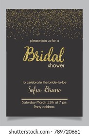 Bachelorette party, bridal shower calligraphy invitation card with golden glitter vector element and dark background.