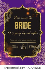 Bachelorette party calligraphy postcard, banner or poster graphic design lettering vector element. Hand written postcard decoration. Here comes the bride let's party day and night.