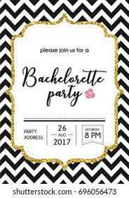 Bachelorette party calligraphy postcard with golden glitter and lettering vector element. Hand written hen party invitation.