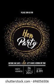 Bachelorette party calligraphy postcard with golden glitter and lettering vector element. Hand written hen party invitation.