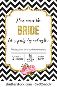 Bachelorette party calligraphy postcard with golden glitter and lettering vector element. Hand written party invitation card with quote Here comes the bride let's party day and night.