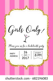 Bachelorette party calligraphy postcard, lettering vector element. Hand written bachelorette party  decoration with pink stripes background.