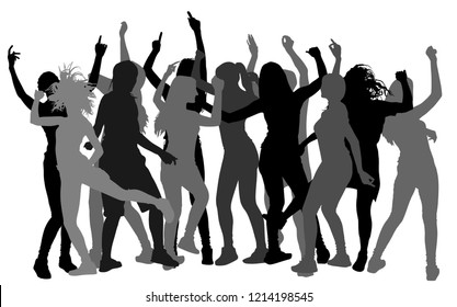 Bachelorette party dancer woman, people vector silhouette. Nightlife crew dancing. Disco club lesbian event. Girl night. Birthday celebration. Teenager in good mood. Fun entertainment lady