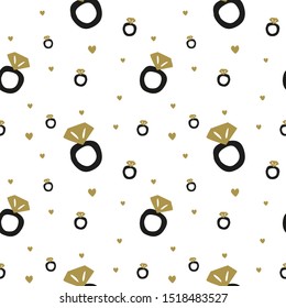 Bachelorette party diamond ring seamless pattern for gift wrapping, packaging and decoration. Hand drawn white and gold repeat design.