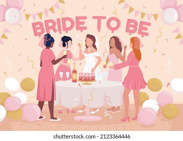 Bachelorette party flat color vector illustration. Bride to be. Bridesmaid greeting fiancee. 2D simple cartoon happy ladies celebrating with decorated room on background. 